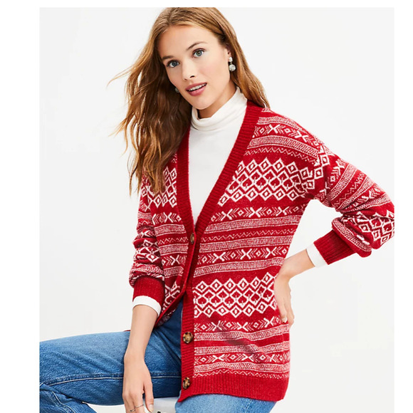 ***NWT LOFT Ruby Rust Red Fair Isle V-Neck Pocket Cardigan - SIZE L - Picture 3 of 8